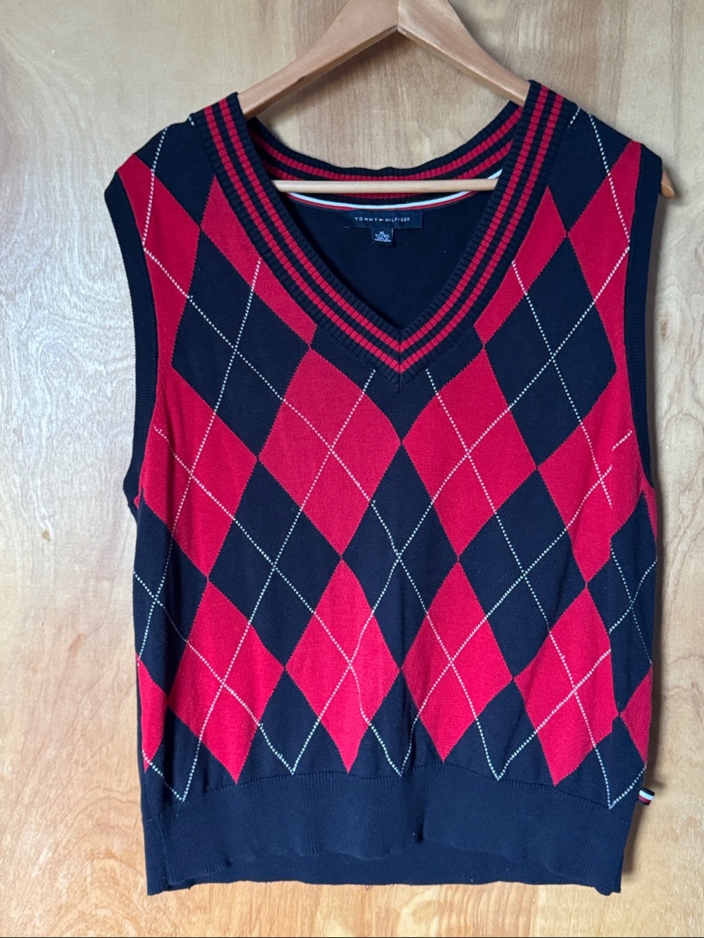 Tommy Hilfiger Red and Black Argyle V-Neck Sweater Vest